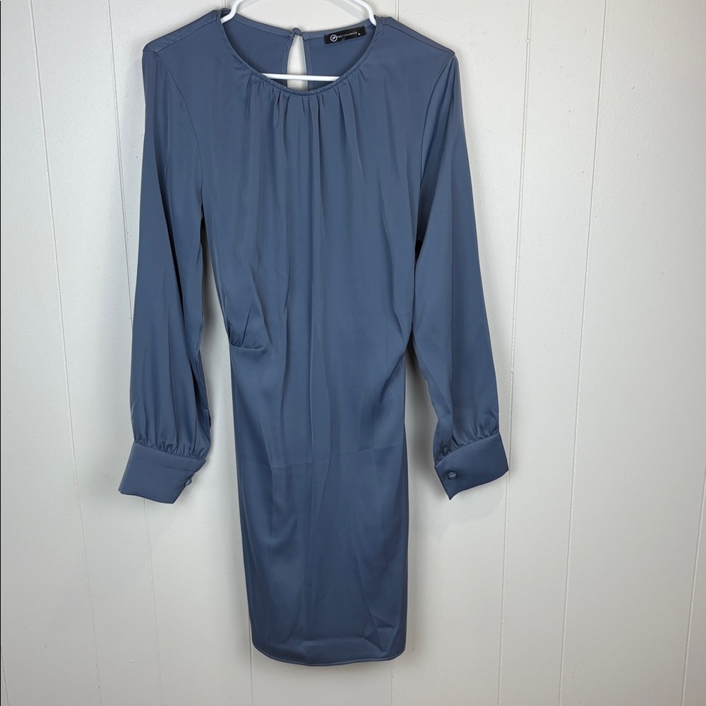Stone Blue Satin Faux Wrap Dress - Picture 3 of 6